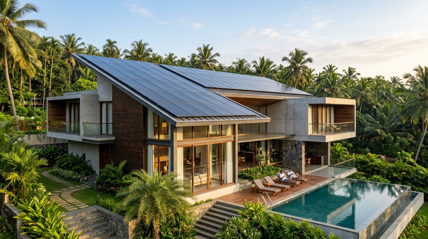 Modern architectural rooftop solar installation in Kerala by GSR Energies