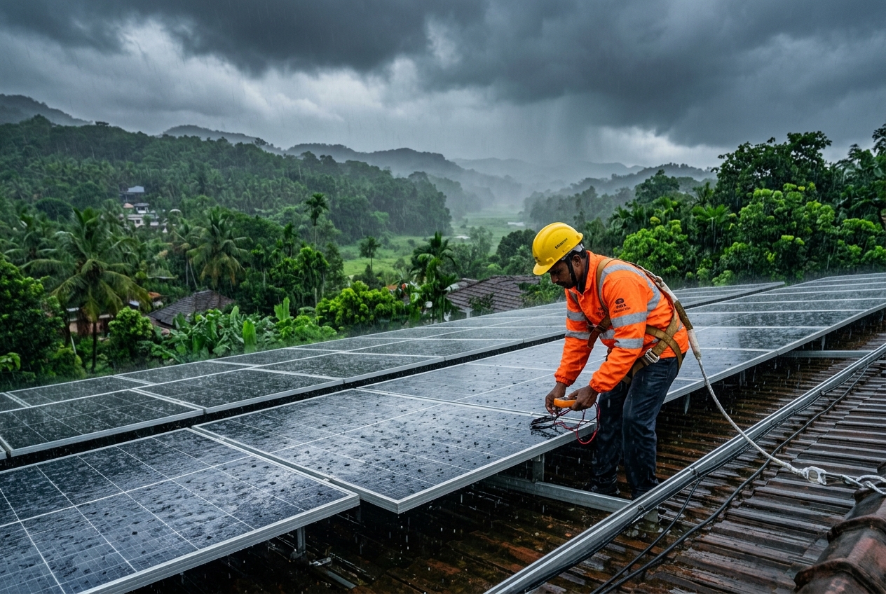 Kerala Monsoon Solar Maintenance: Plant Generation in Heavy Rain, Algae Prevention & Lightning Protection